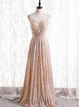 Picture of Gold Sequins Sweetheart Simple Spaghetti Straps Long Party Dresses, Sequins Prom Dresses Bridesmaid Dresses